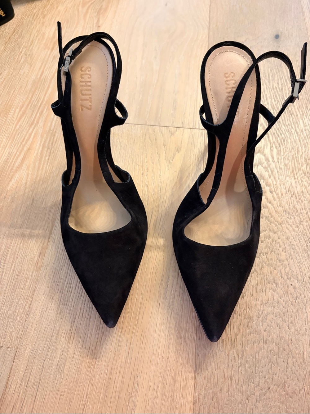 SCHUTZ Black Suede Pointed Toe Cutout Slingback Heels